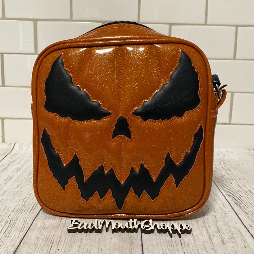 *Love Pain and Stitches Square Bad Company Orange Glitter Black Pumpkin Purse